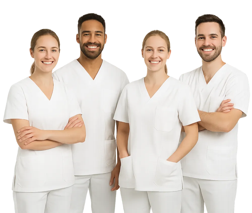 Quatre infirmiers et infirmières souriants en tenue blanche